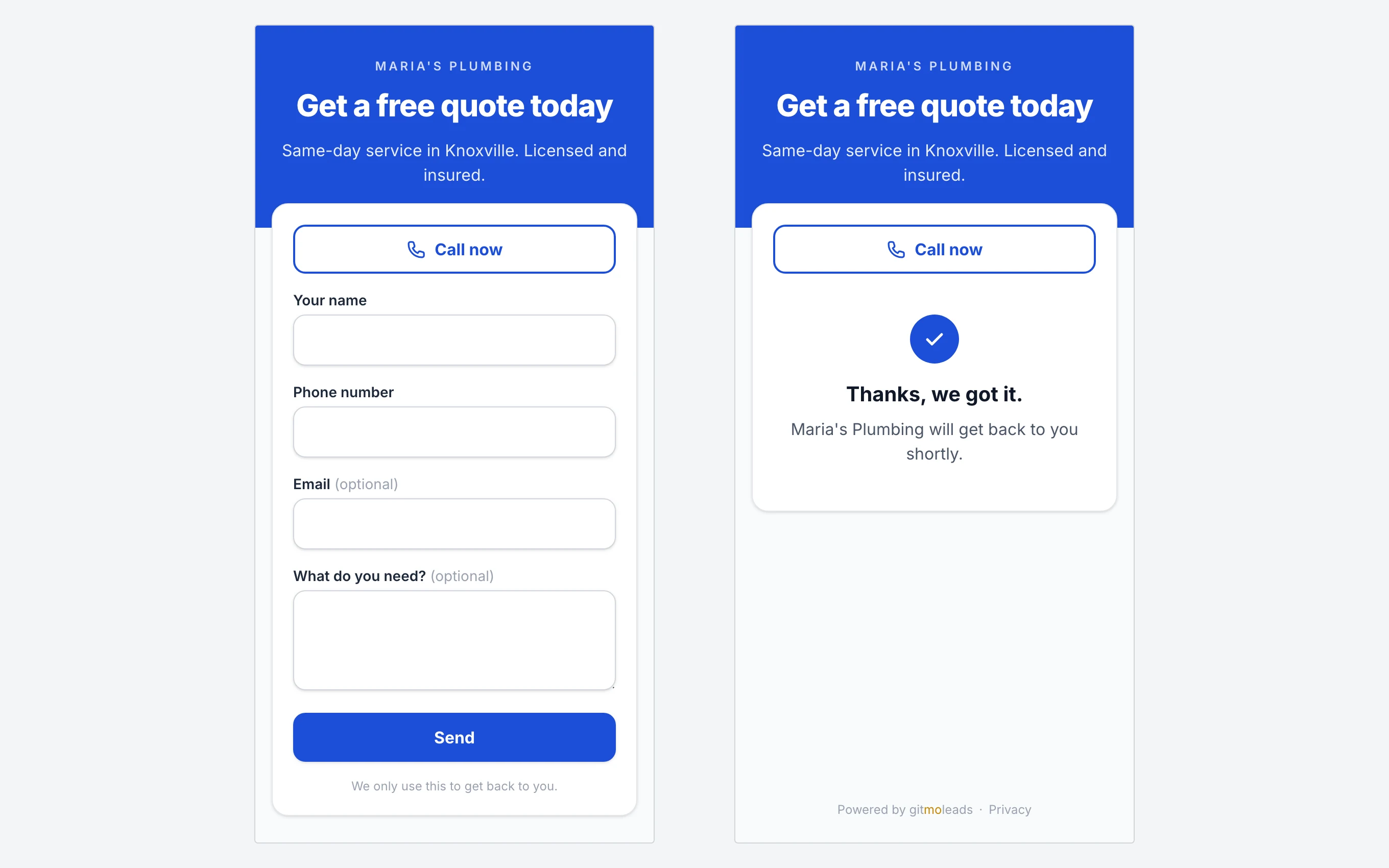 A lead page on a phone: the form on the left, and the thank-you page after Send on the right